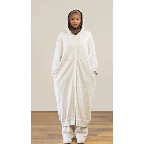 NEW batul Long Trench Hoody Coat Jacket Size Large Modest Beige Tan Cinch Waist - Picture 3 of 13